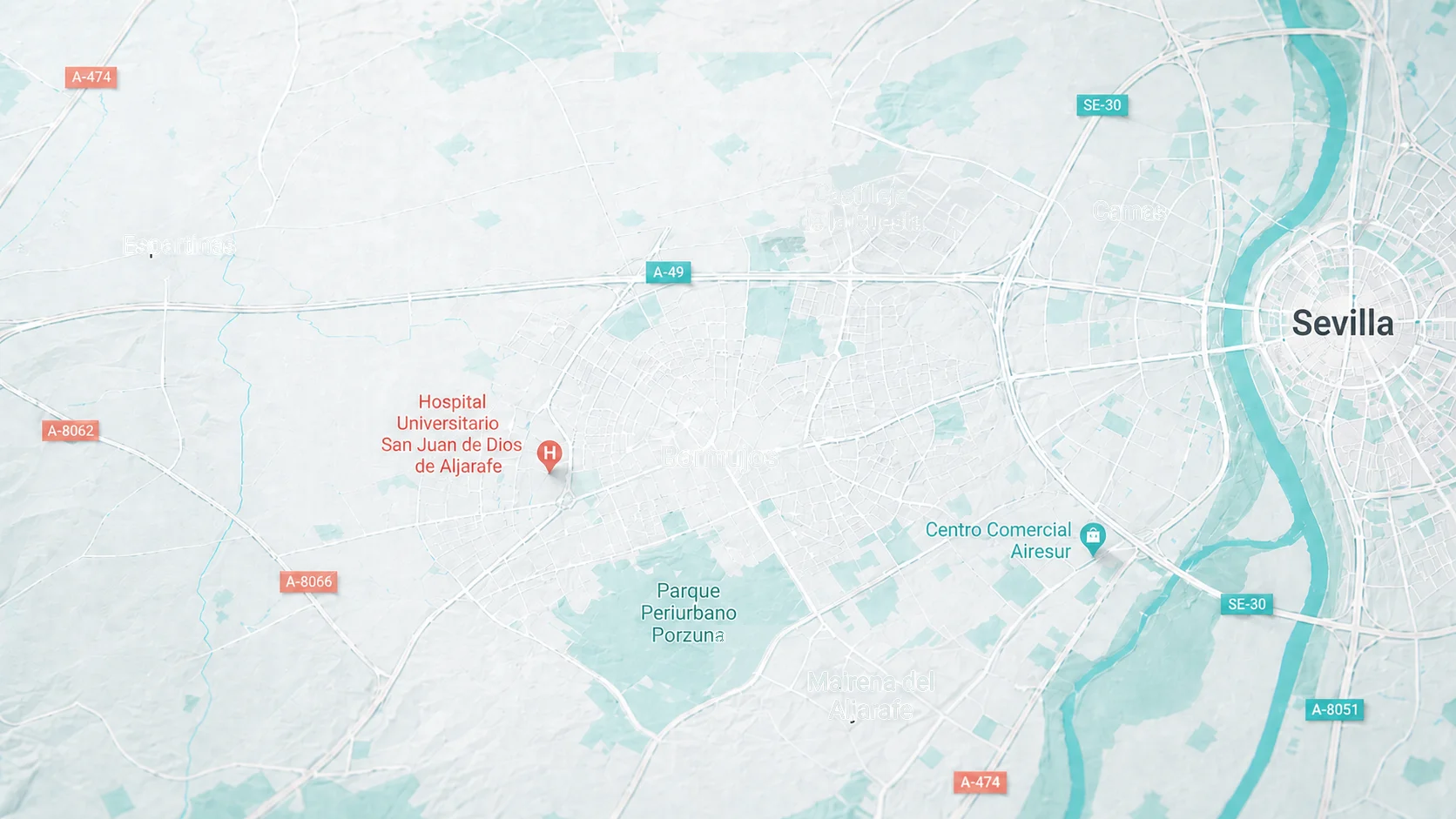 Mapa del Aljarafe con Bormujos en el centro y el área de servicio de la farmacia hasta Sevilla, Tomares, Gines y Mairena del Aljarafe